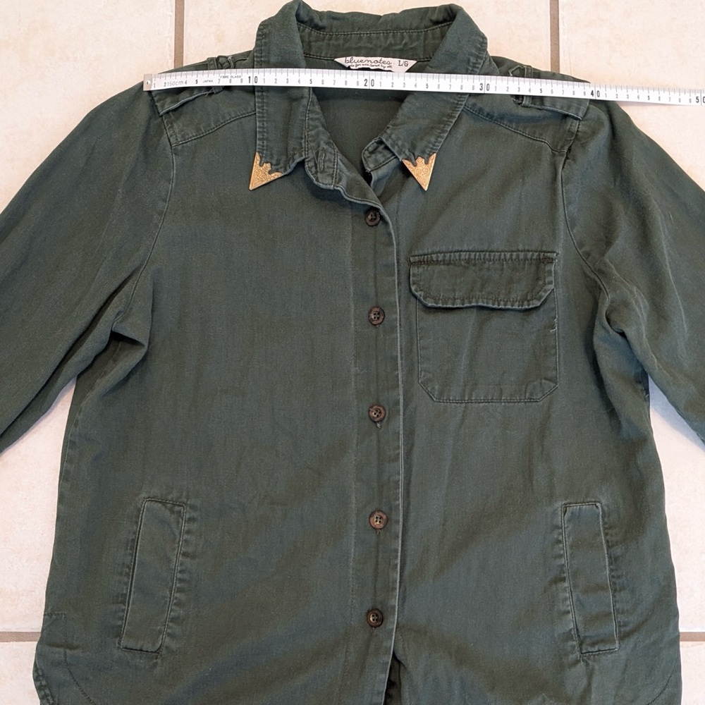 100% Cotton Vintage Y2K Bluenotes Size Large Army Button Down Shirt w Gold Metal - Picture 6 of 15